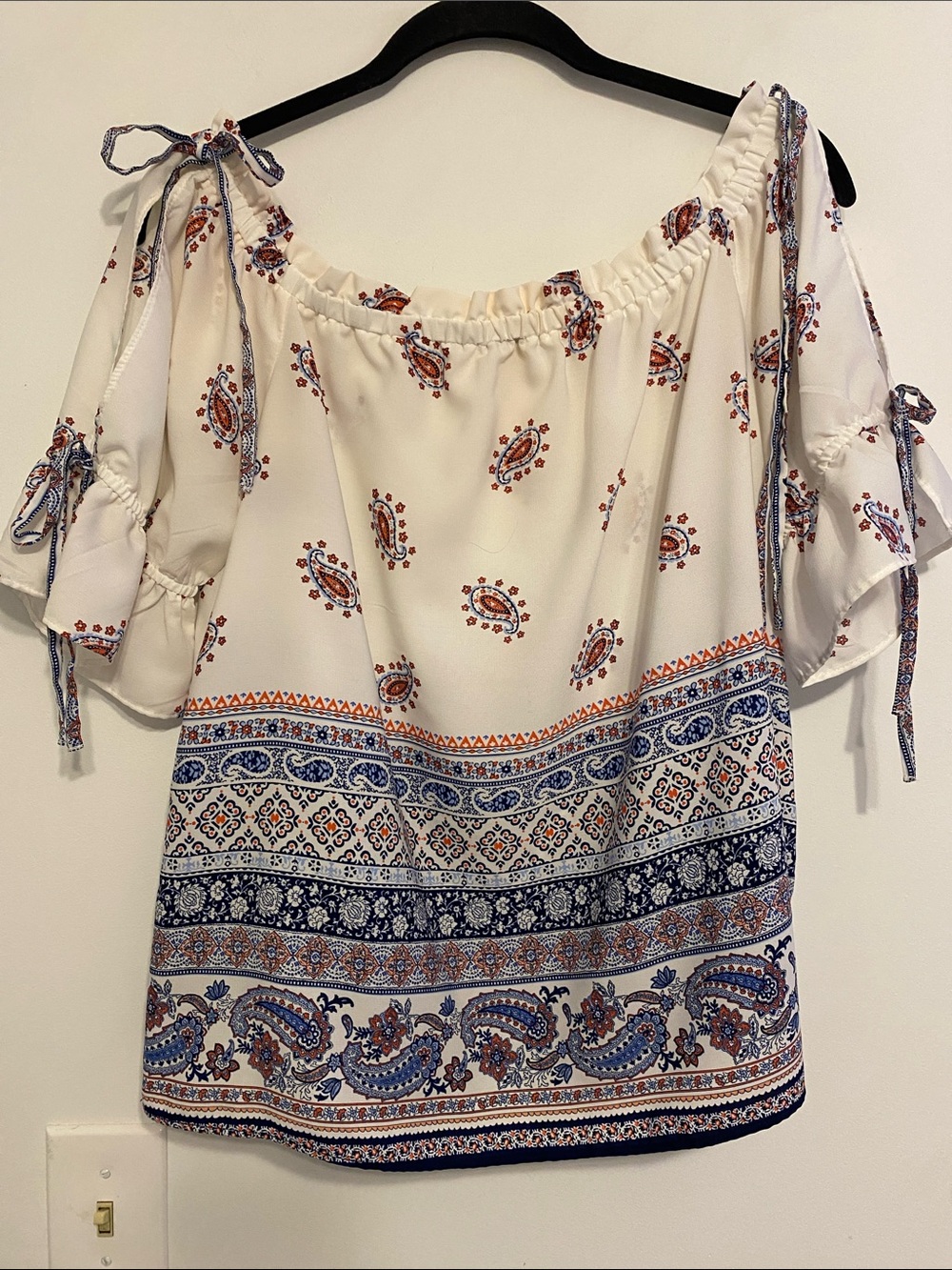 C Off-Shoulder Paisley Border Print Blouse - Cream, Blue, Rust